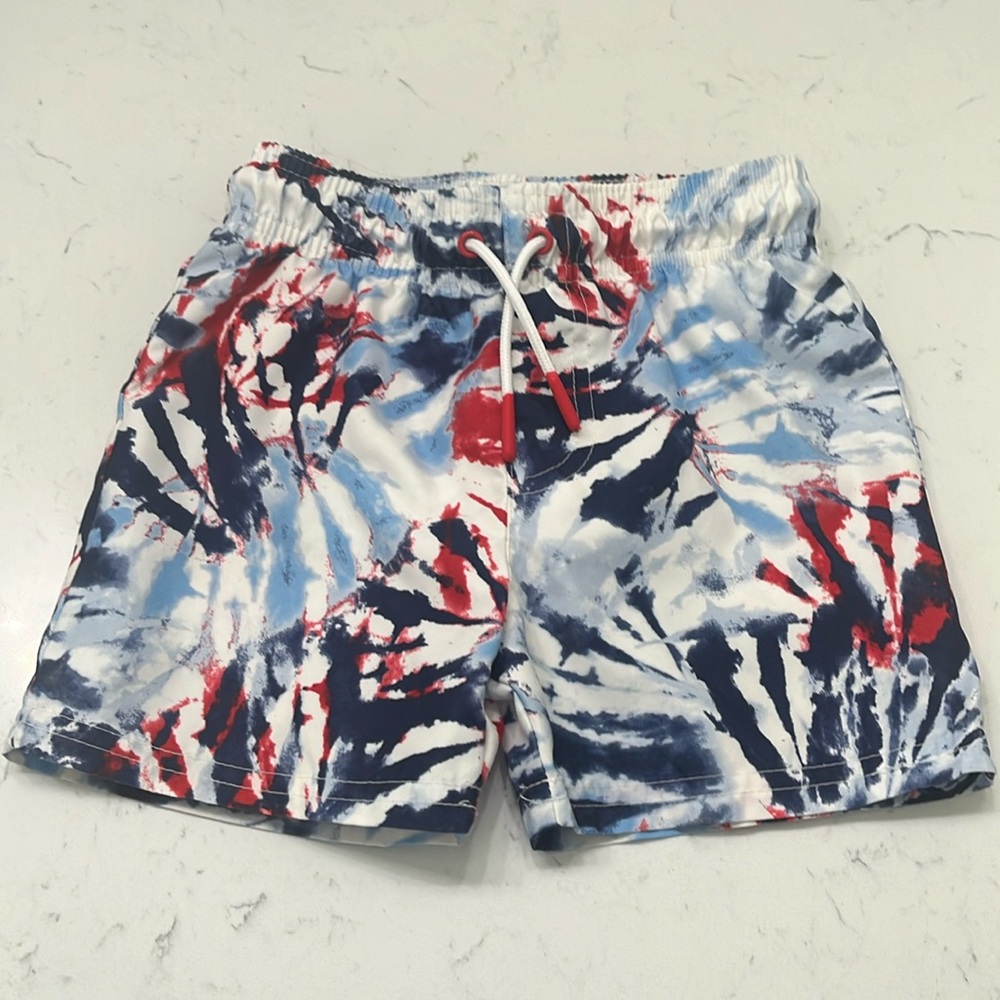 2T Cat and Jack Red White and Blue tie dye swim trunks